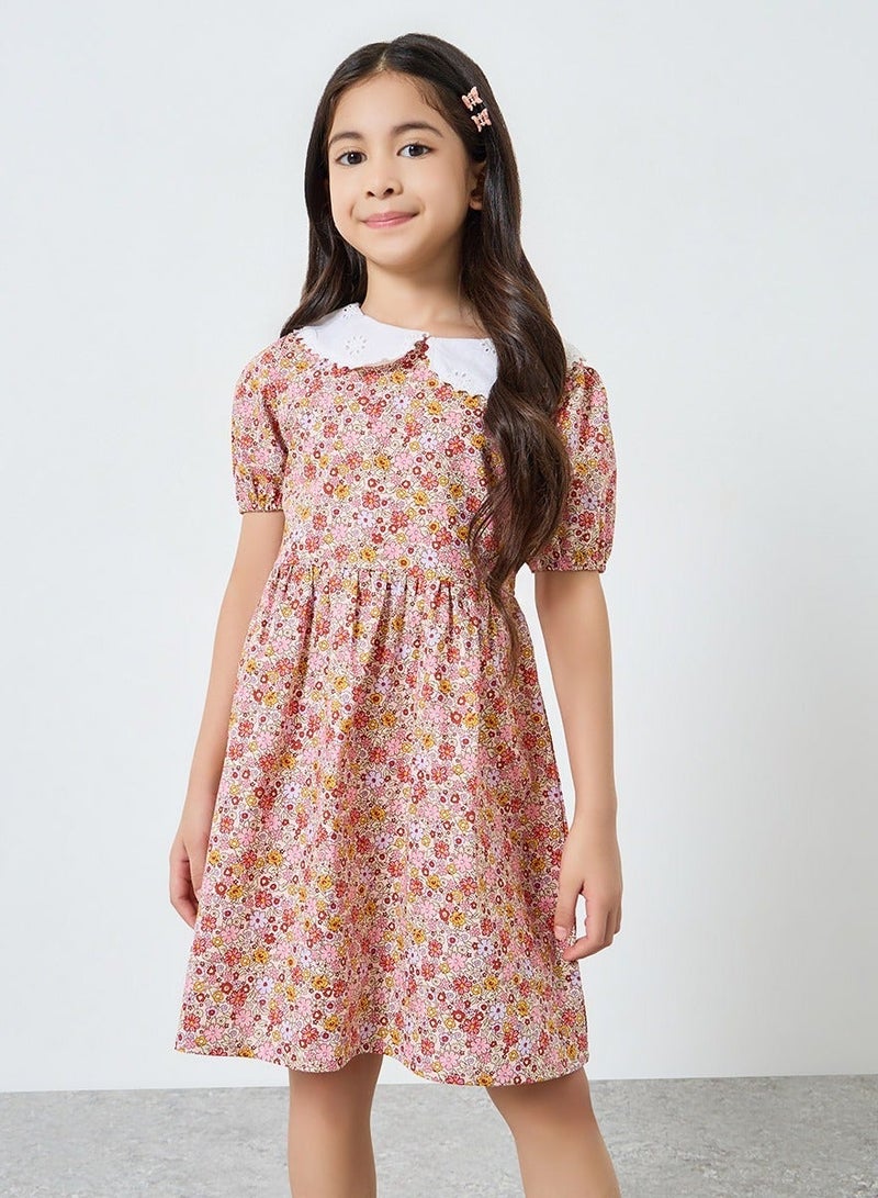 Styli Girls Pink Floral Print Puff Sleeve Dress - Image 2